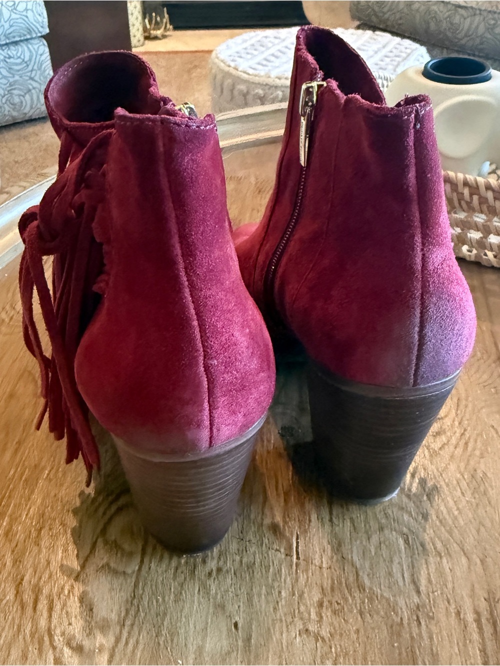 Vince Camuto Burgundy Suede Fringe Ankle Bootie with Block Heel